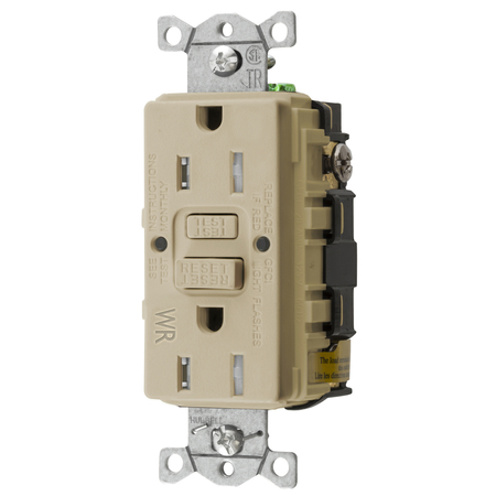 HUBBELL WIRING DEVICE-KELLEMS Heavy Duty Commercial Tamper-Resistant/Weather Resistant AUTOGUARD® Self-Test GFCI Receptacle (Assembled In USA), 15A, Ivory GFTWRST15IU